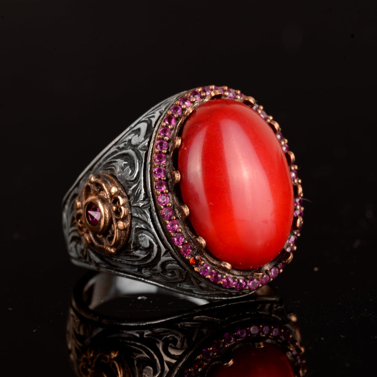 Natural Coral Stone Ring - 925 Sterling Silver — 4