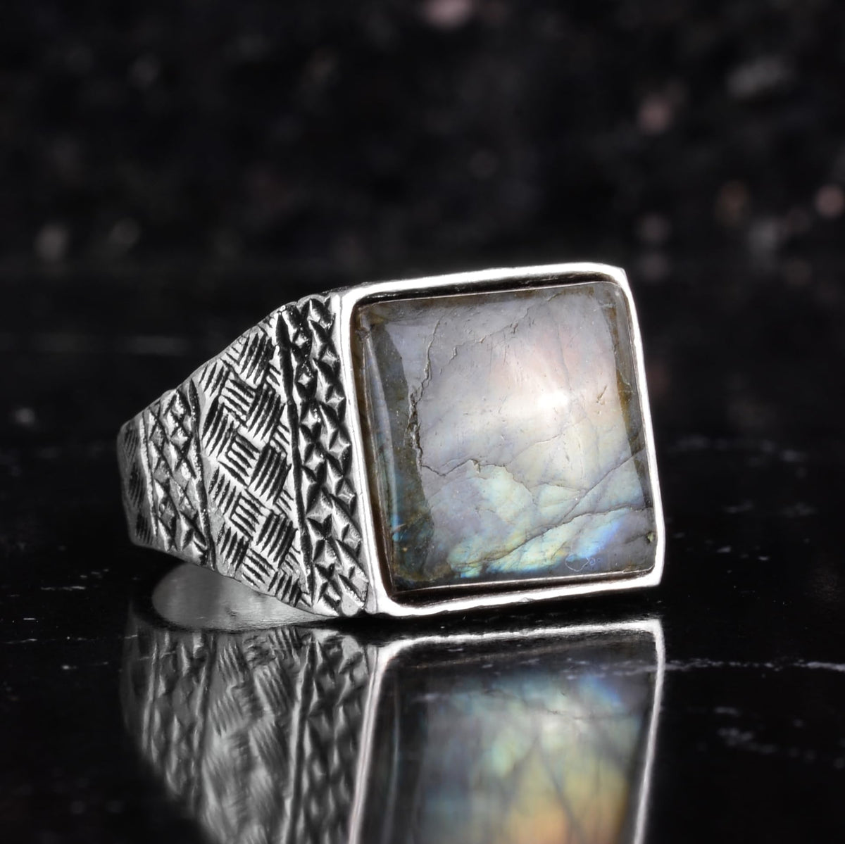 KAMBO Natural Stone Men's Ring 925 Sterling Silver Square Stone Handmade Statement Ring Unique Masculine Jewelry (Labradorite) — 6