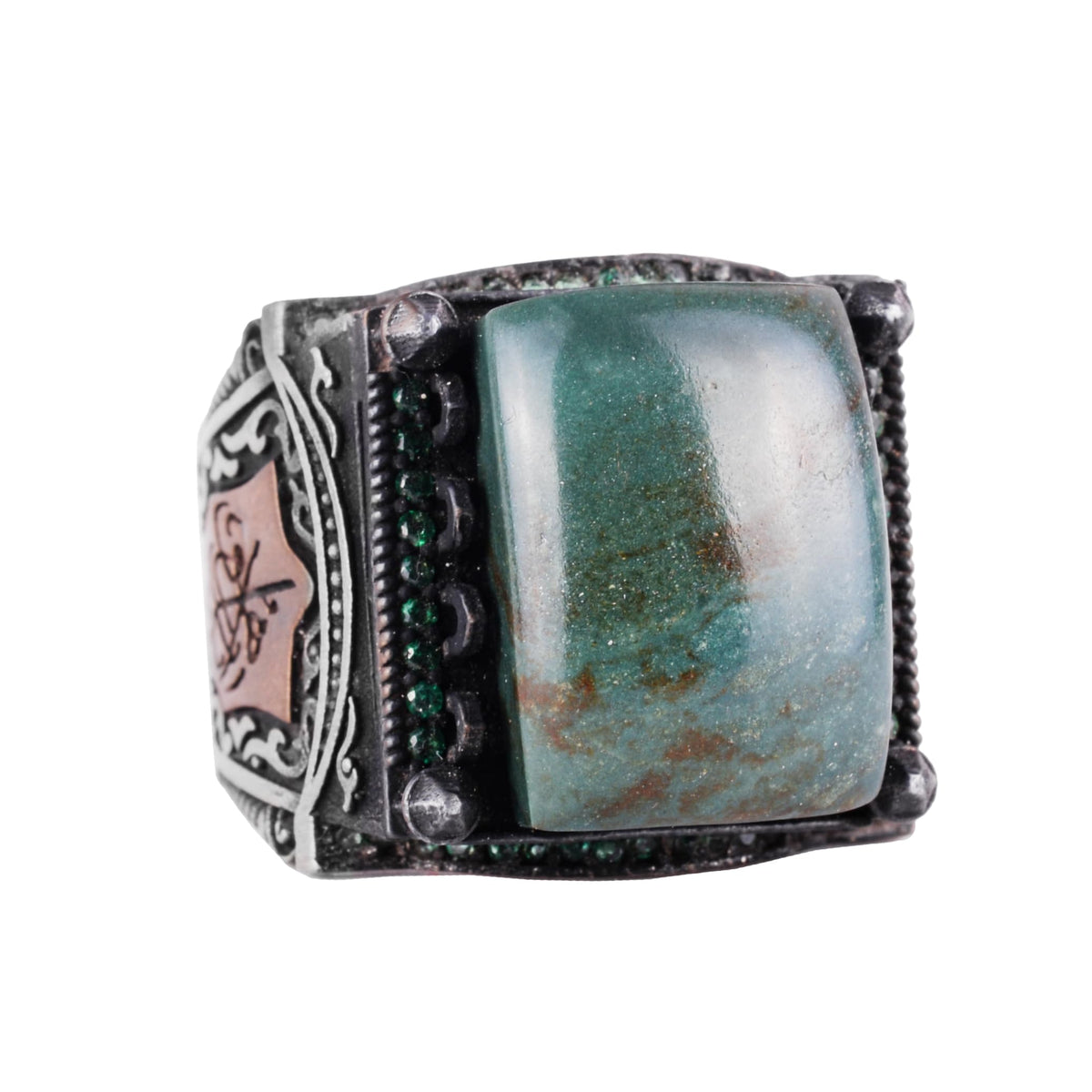 Silver Men's Ring - Natural Jade Stone - Islamic Design - Handcrafted Vintage Ring