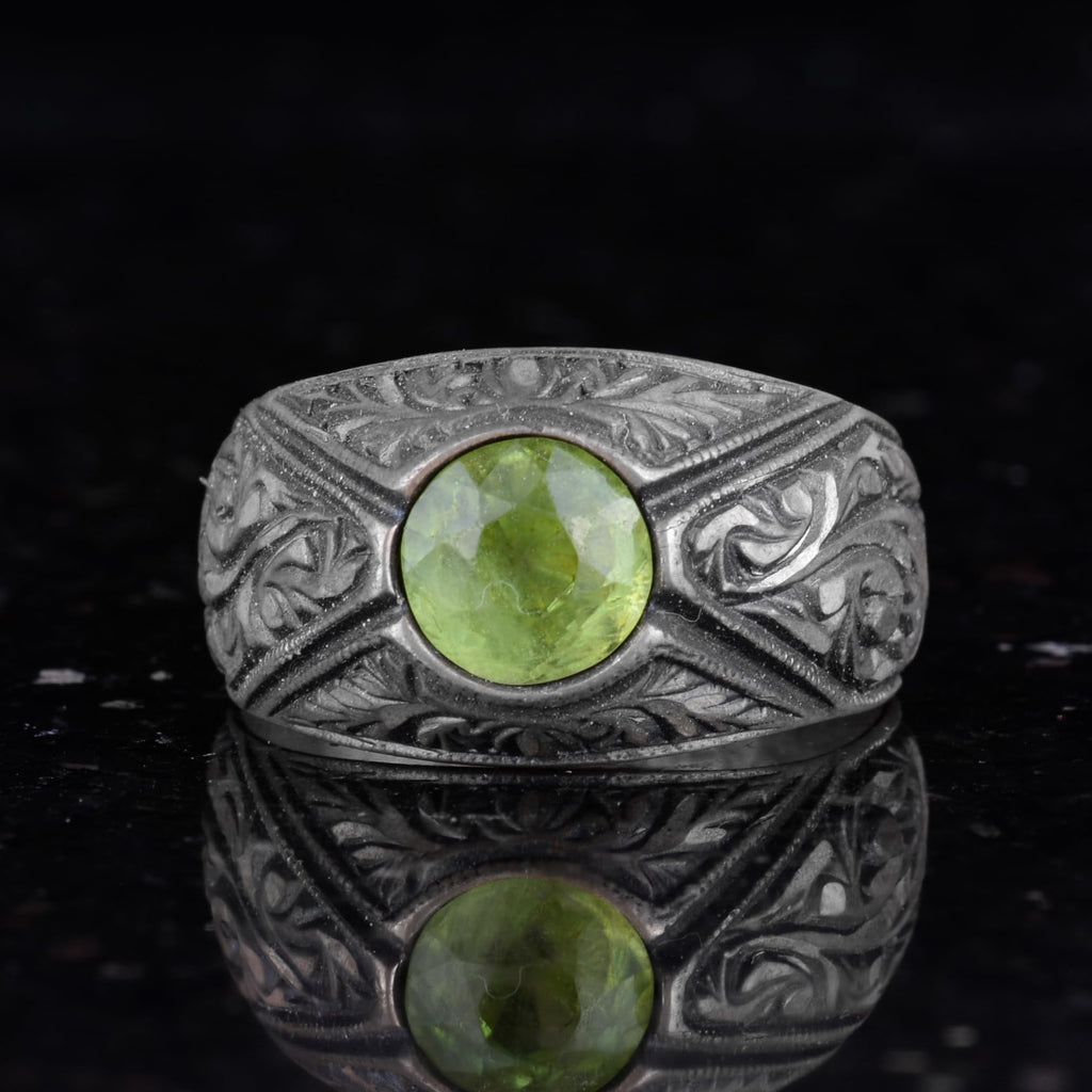 KAMBO Genuine Natural Peridot Stone Men's Ring, Vintage Design Silver Ring — 6