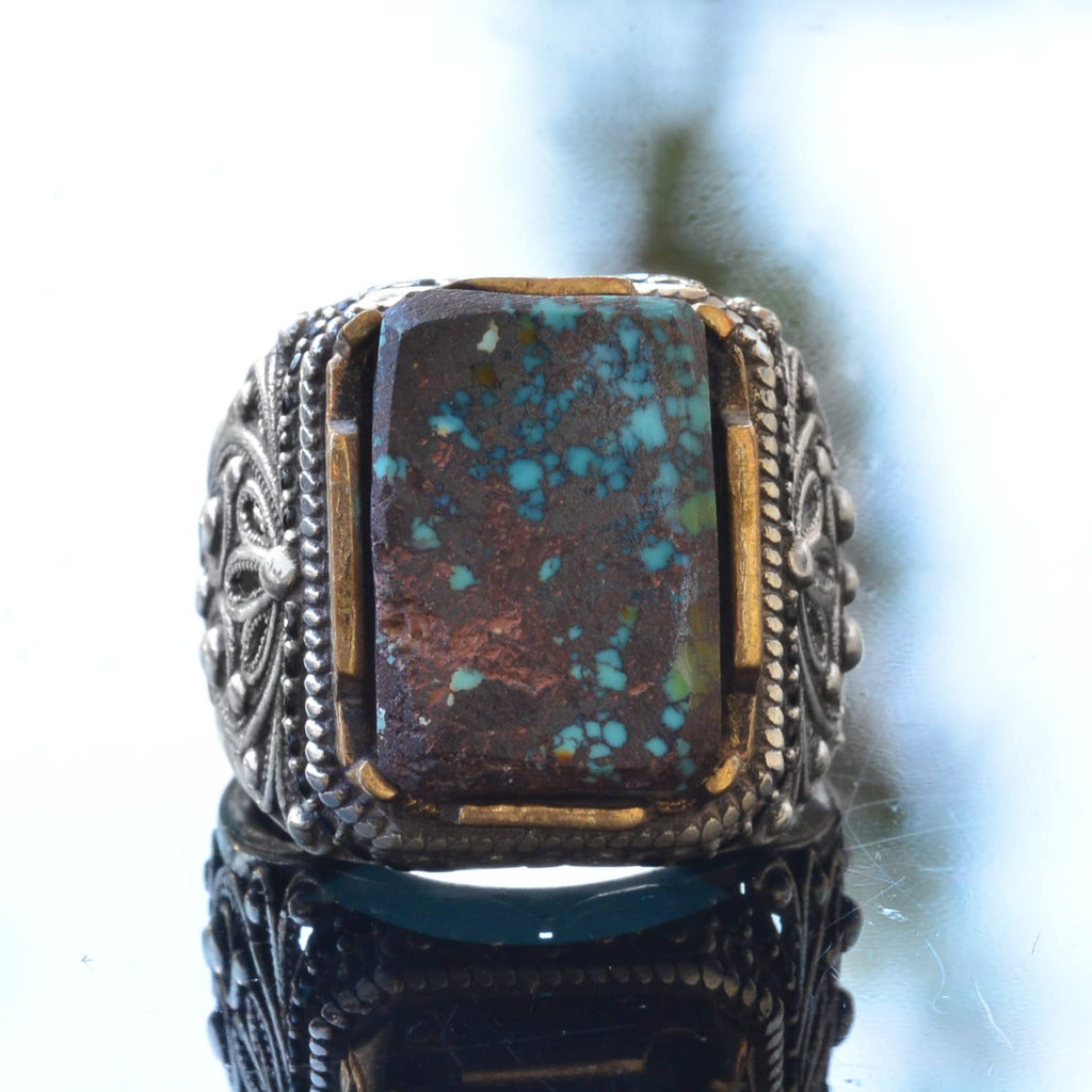 Natural Turquoise Stone Ring, Rectangular Design - 925 Sterling Silver Men's Ring, Handmade Elegance — 5
