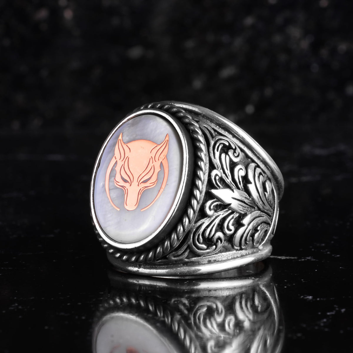 KAMBO Natural Pearl Men's Ring – Fox Symbol Silver Ring – 925 Sterling Silver Statement Ring Handmade — 5