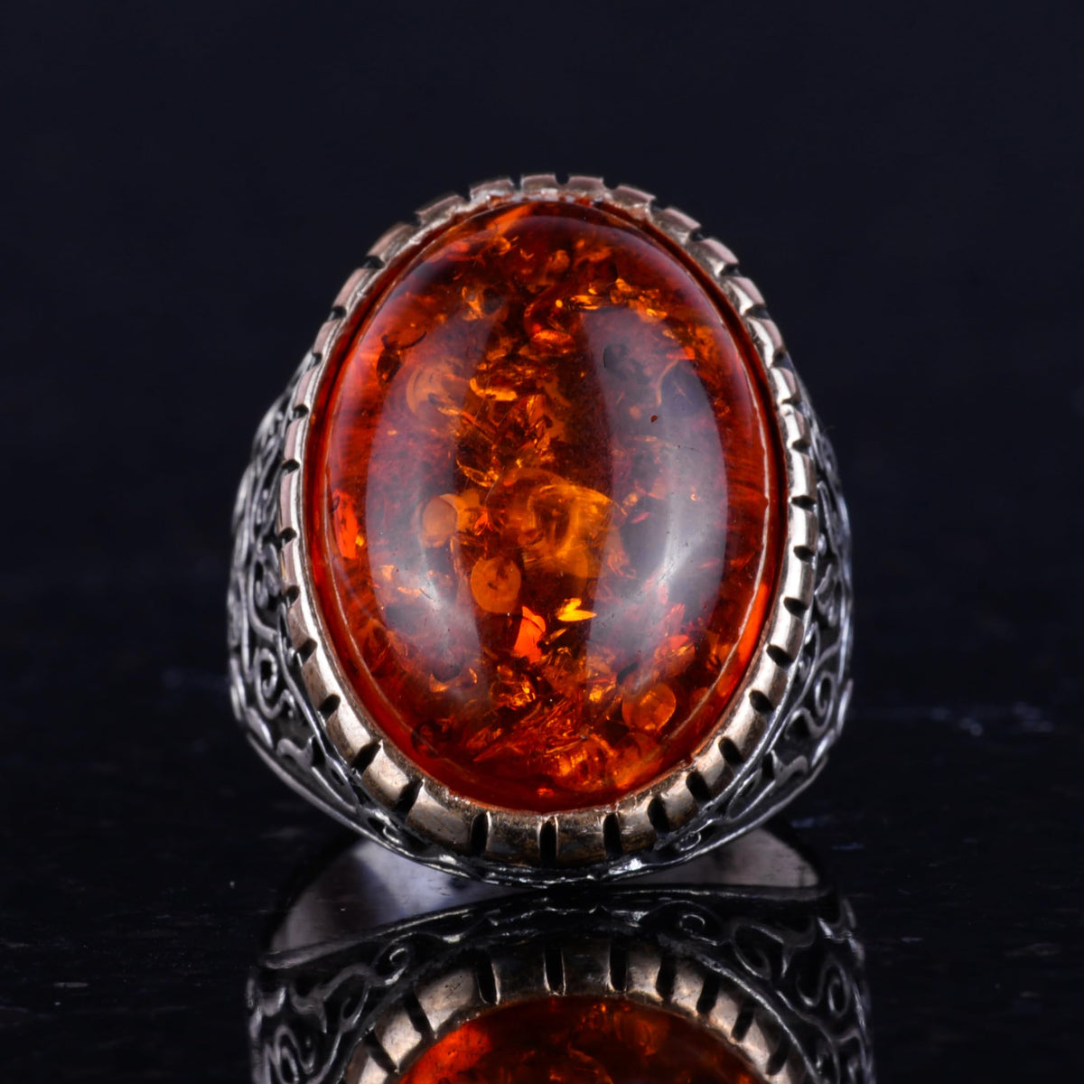 KAMBO Created Stone Ring, 925 Sterling Silver Men's Ring, Large Ring (Amber Created Stone) — 4
