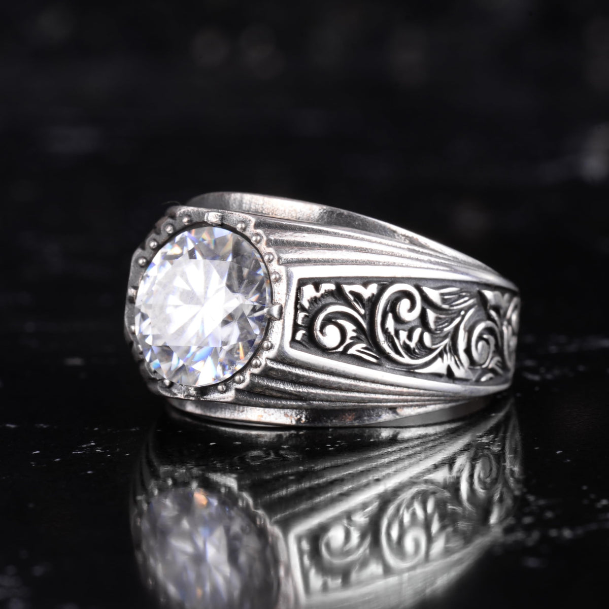 KAMBO Certified Natural Diamond Moissanite Stone Men's Ring 925 Sterling Silver – Ottoman Pattern Round Statement Ring Details — 6
