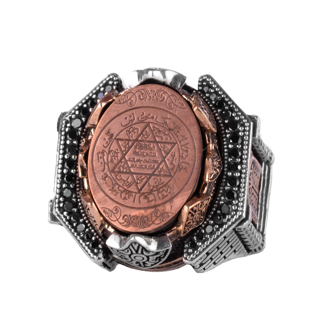 KAMBO Large Men's 925 Sterling Silver Ring Figure – Bronze Detail – Carved Statement Ring (Bronze Star of David)