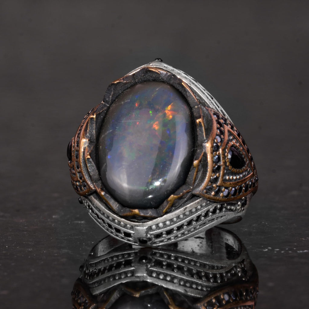 925 Sterling Silver Men's Ring - Natural Opal - Bronze Plated Details - Handmade, Attractive Piece — 6