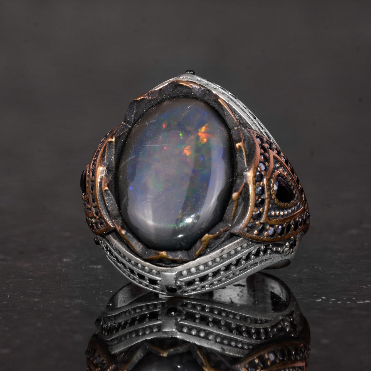 925 Sterling Silver Men's Ring - Natural Opal - Bronze Plated Details - Handmade, Attractive Piece — 6