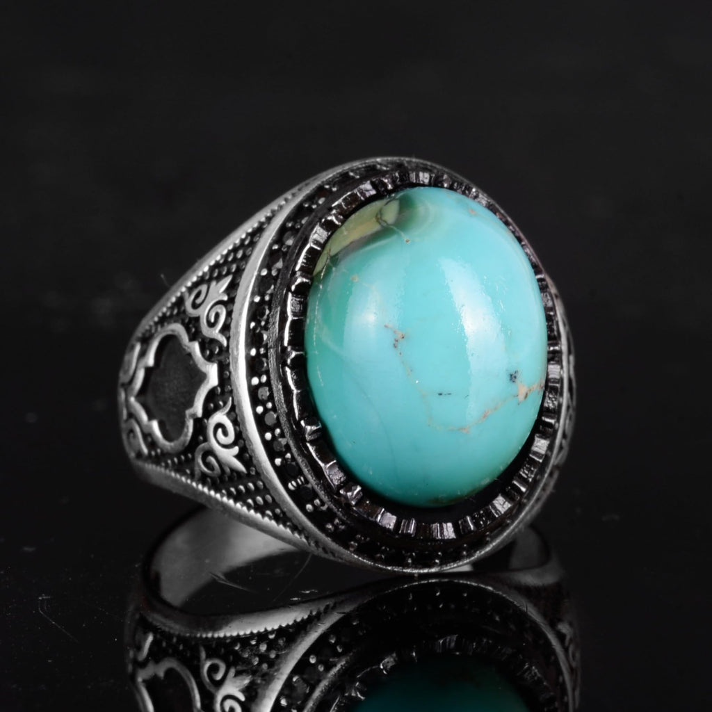 KAMBO Natural Turquoise Stone 925 Sterling Silver Men's Ring - Seljuk Figure Pattern Vintage Statement Jewelry (Style-1) — 5