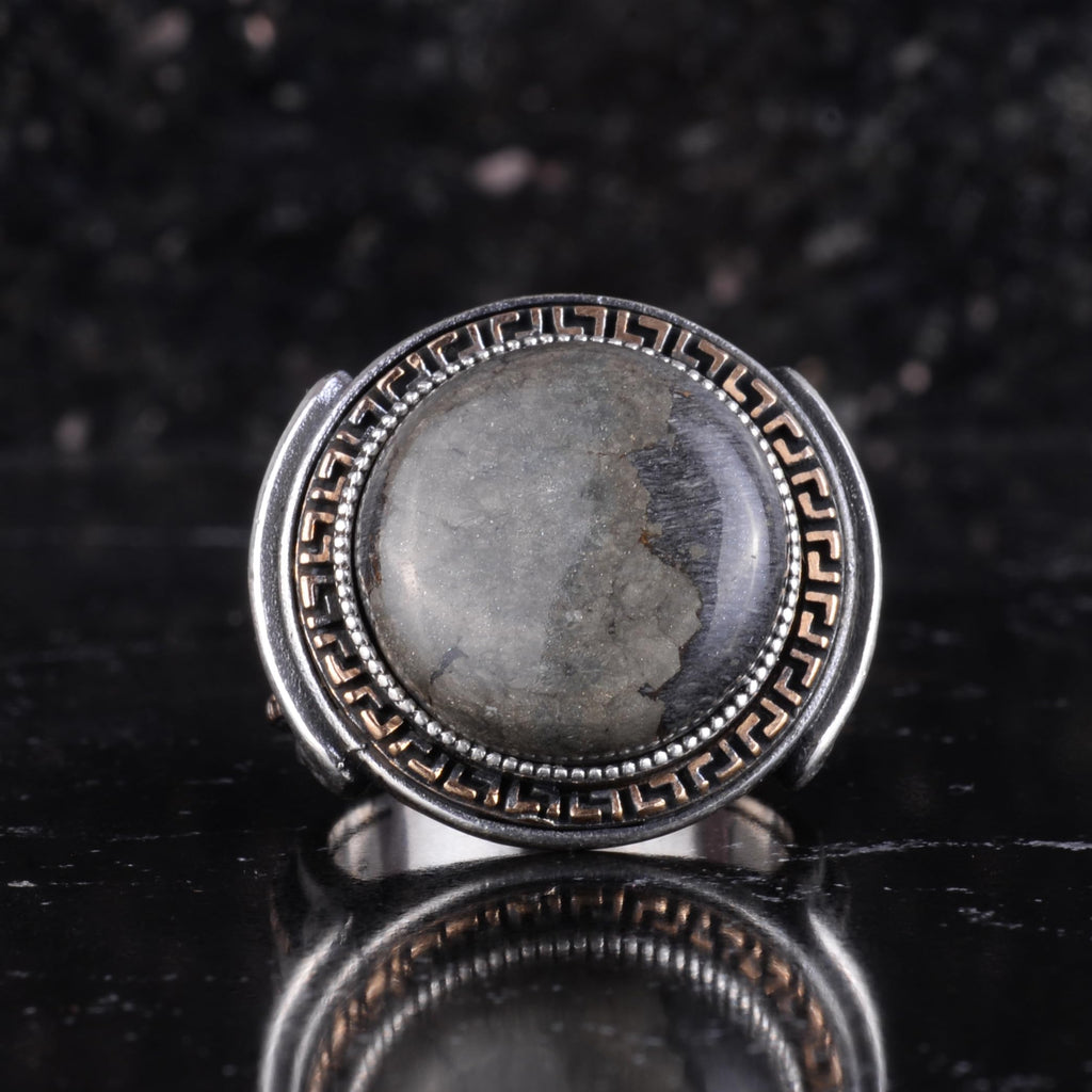 KAMBO Stone Round Men's Ring 925 Sterling Silver – Cabochon Handmade Vintage Greek Pattern Statement Ring (Pyrite) — 4