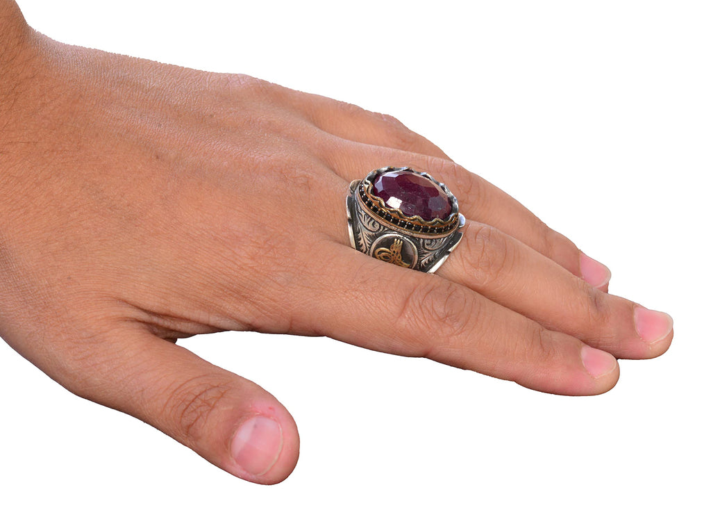 Ottoman Ring, Silver Ring, Natural Ruby Stone Ring, 12.90 Carat, Ethnic Design — 6
