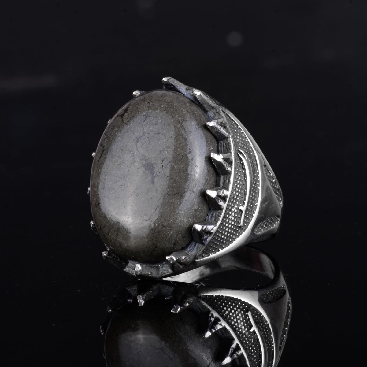 KAMBO Natural Stone Men's Large Ring – 925 Sterling Silver Ottoman Sword Motif Signet Ring (Pyrite) — 5