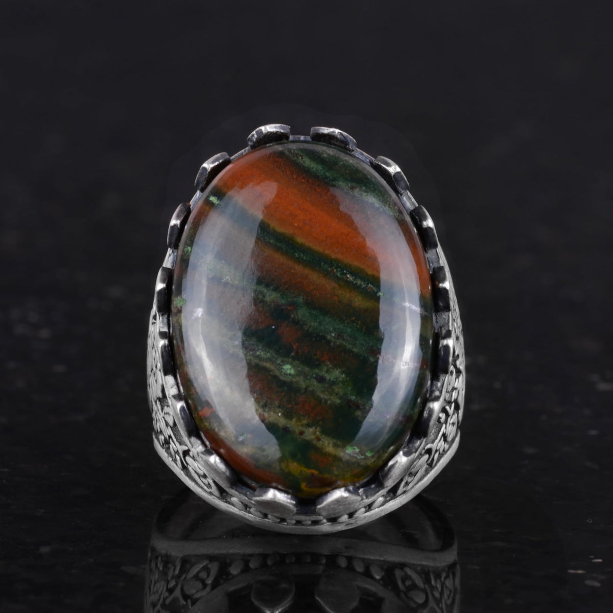 Natural Green Bloodstone Ring - Rose Pattern 925 Sterling Silver Ring — 4
