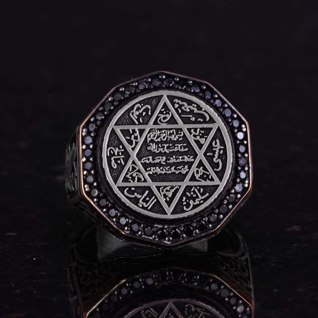 KAMBO Solomon Seal Ring Handmade 925 Sterling Silver Men’s Statement Ring with Onyx Stone and Star of David Jewish Desig