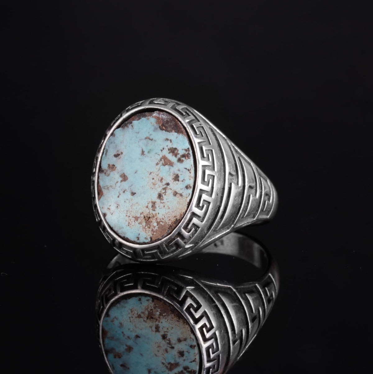 KAMBO Men's Natural Turquoise Stone Ring – 925 Sterling Silver Ring with Maze Side Designs – Handmade Minimalist Descriptive Jewelry (Style-6) — 5
