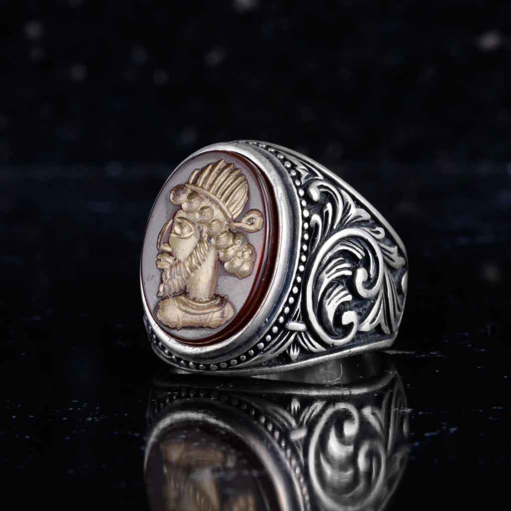 KAMBO Natural Agate Ottoman Sultan Cameo Men's Ring 925 Sterling Silver Vintage Red Stone Hand-Carved Shape Statement Ring — 5