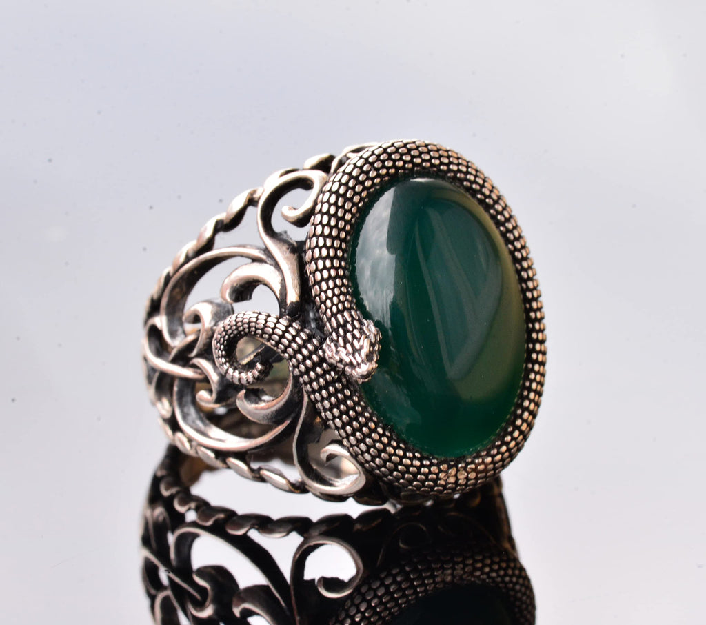 Handcrafted Snake Design Ring, Natural Jade Stone Silver Men's Ring - Symbol of Wisdom and Protection — 6
