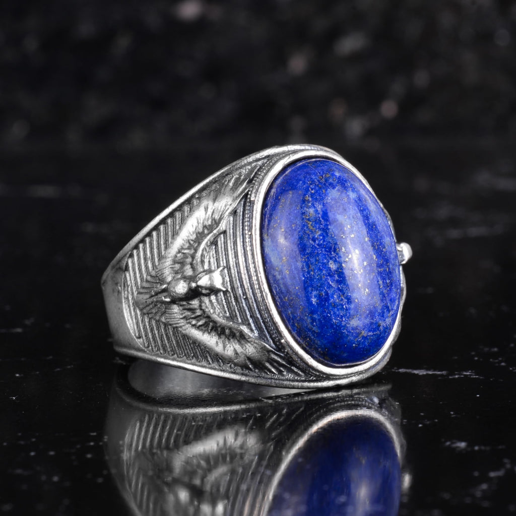 KAMBO Natural Lapis Lazuli Men's Ring 925 Sterling Silver – Eagle Motif Handmade Ring – Blue Stone Vintage Statement Jewelry — 6