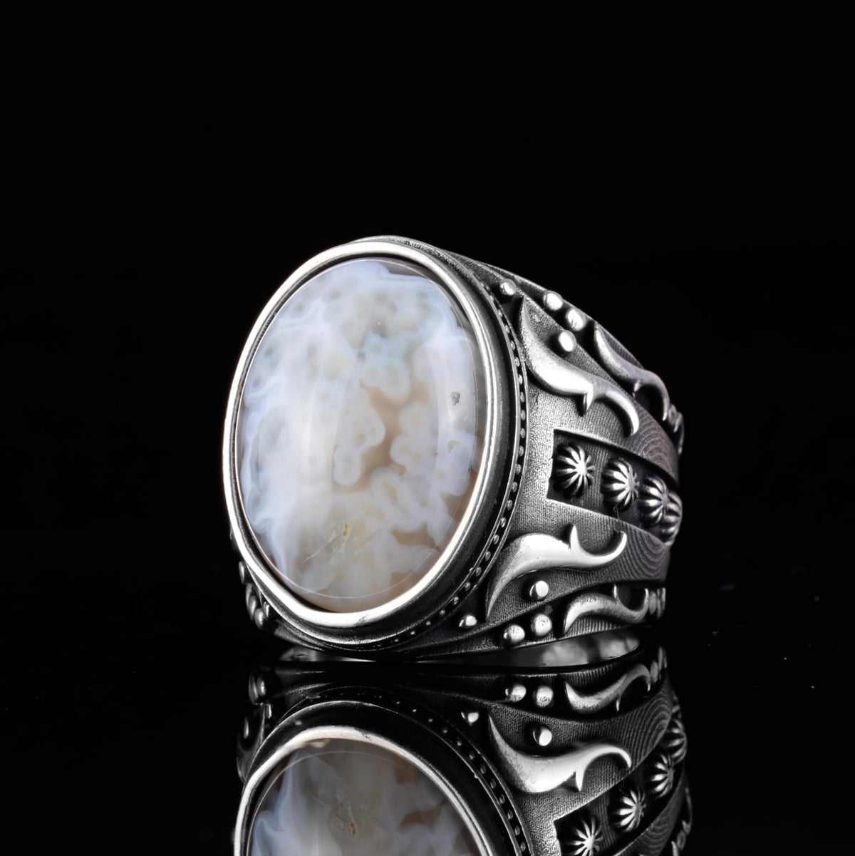 KAMBO Men's Natural Agate Ring – 925 Sterling Silver Flower Pattern Ring – Handmade Vintage Style Men's Statement Ring (Agate-11) — 6