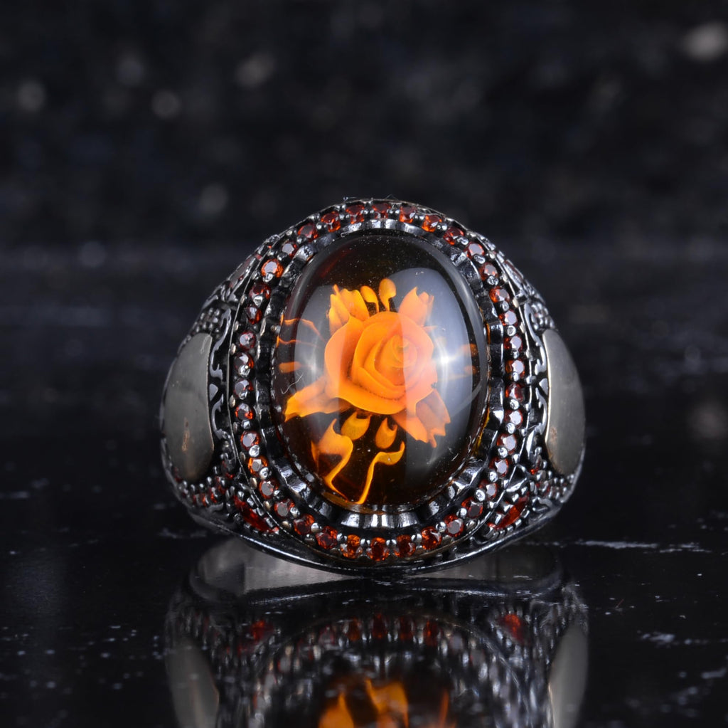 KAMBO Natural Amber Rose Pattern Men's Ring - 925 Sterling Silver Oval Seal Ring, Handmade Vintage Jewelry — 4