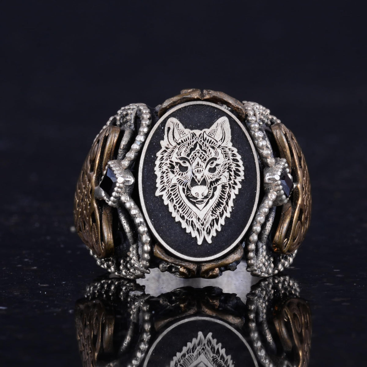 Silver Patterned Ring, Emblem - Elegant Cultural Design (Wolf Head) — 4