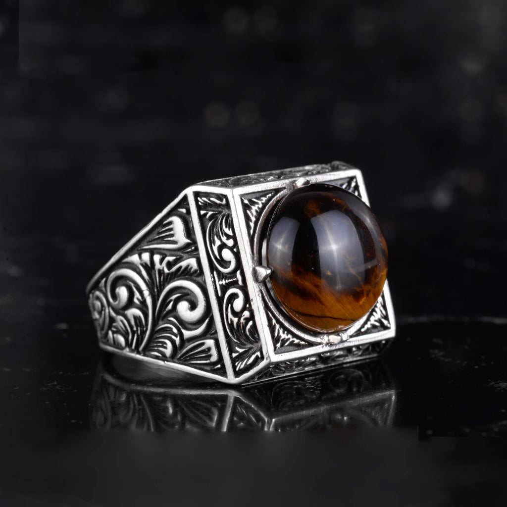 KAMBO Natural Round Stone Square Men's Ring 925 Sterling Silver – Ottoman Pattern Handmade Stone Ring (Tiger's Eye) — 6
