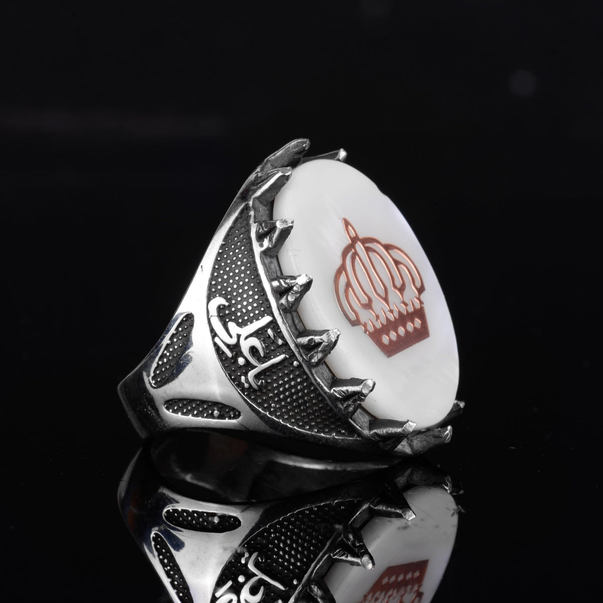 KAMBO 925 Sterling Silver Natural Pearl Men's Ring – Handmade Crown Symbol Seljuk Inspired Statement Ring — 6