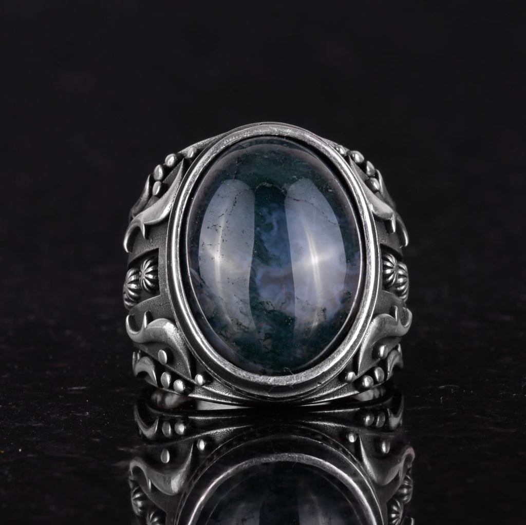 925 Sterling Silver Men's Ring, Decorative Agate Stone Ring - Handmade Elegance — 4
