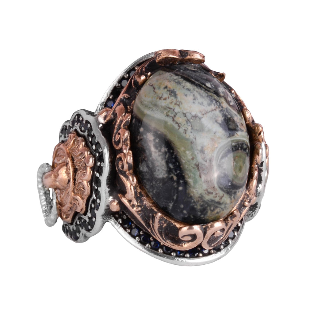 Handmade Green Eye Natural Stone Ring - Lion Silver Head Design