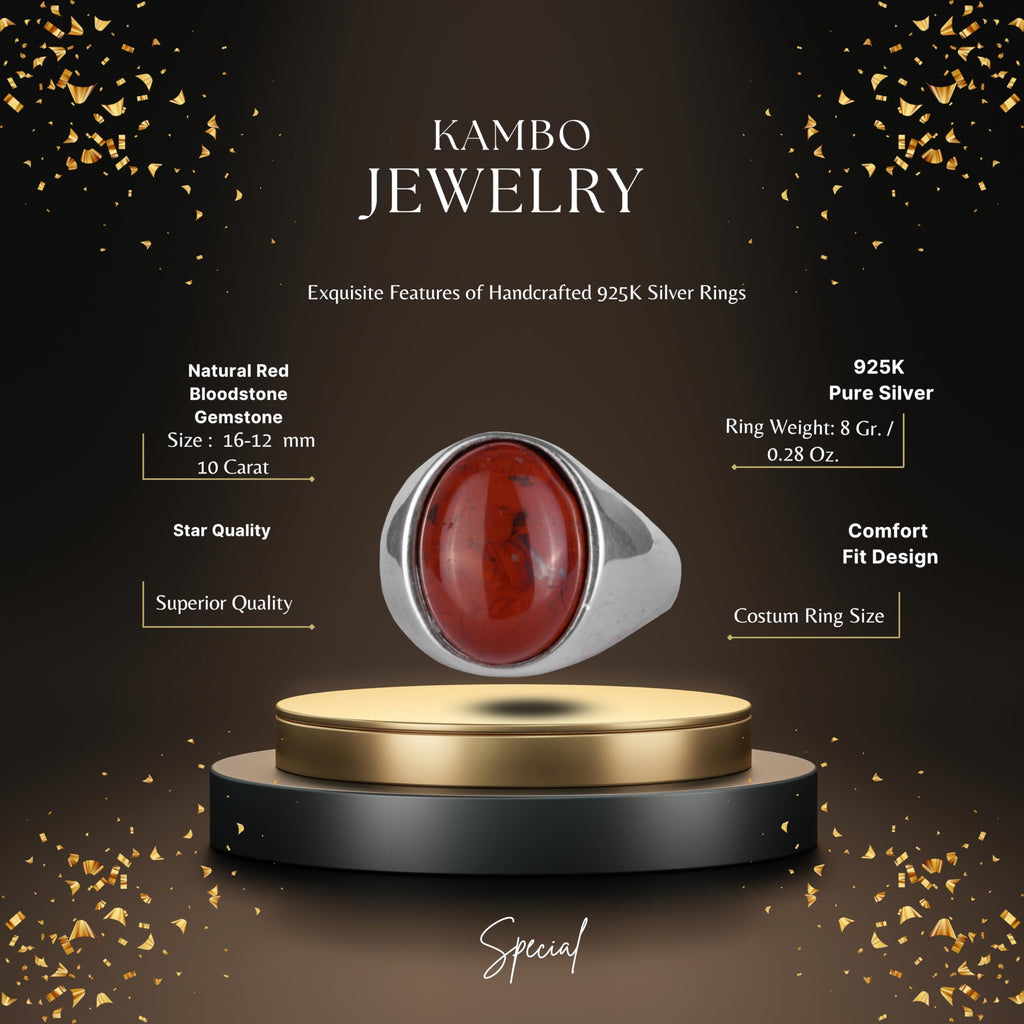 KAMBO Natural Men's Ring – 925 Sterling Silver Minimalist Oval Stone Ring – Handmade Classic Statement Jewelry (Red Bloodstone) — 2