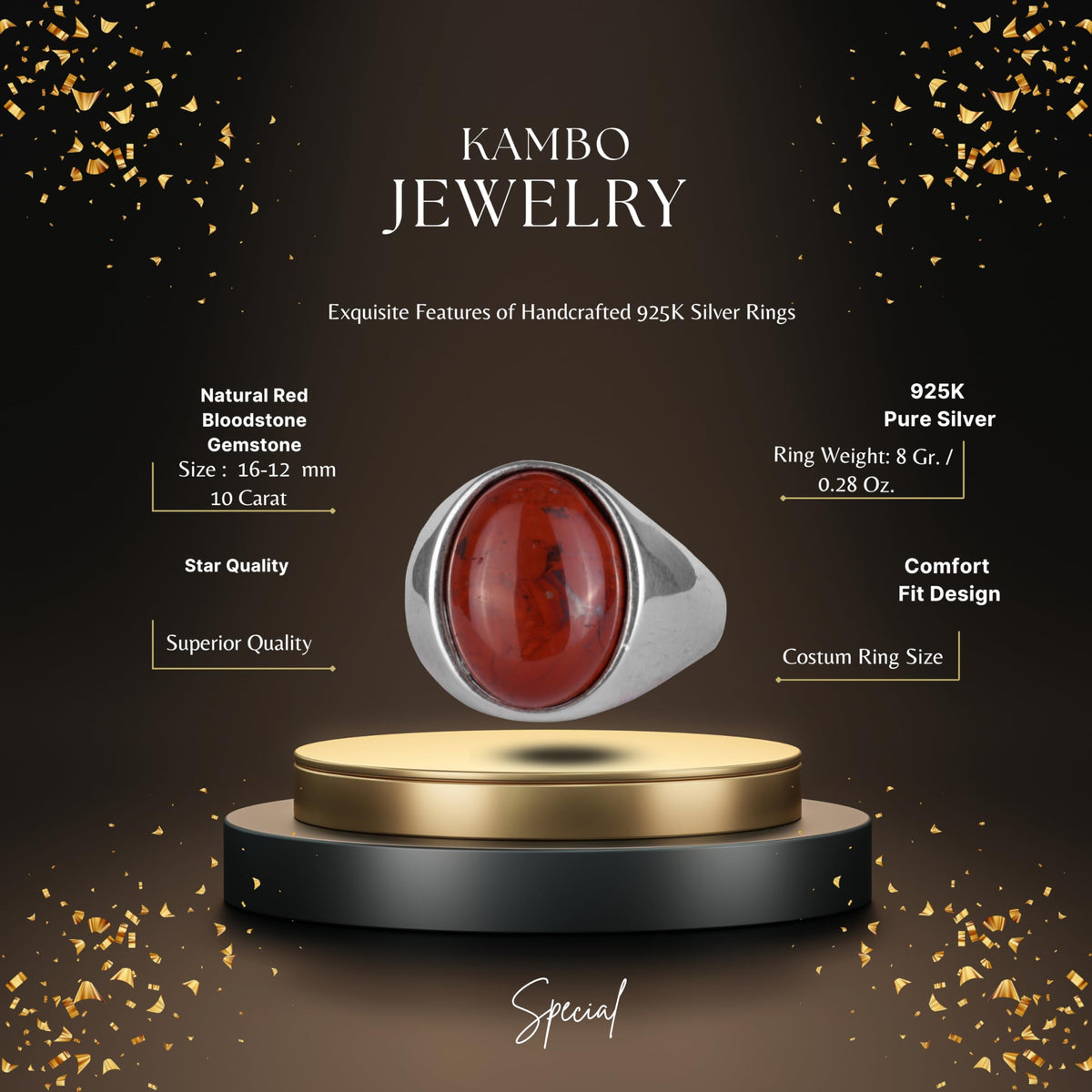 KAMBO Natural Men's Ring – 925 Sterling Silver Minimalist Oval Stone Ring – Handmade Classic Statement Jewelry (Red Bloodstone) — 2