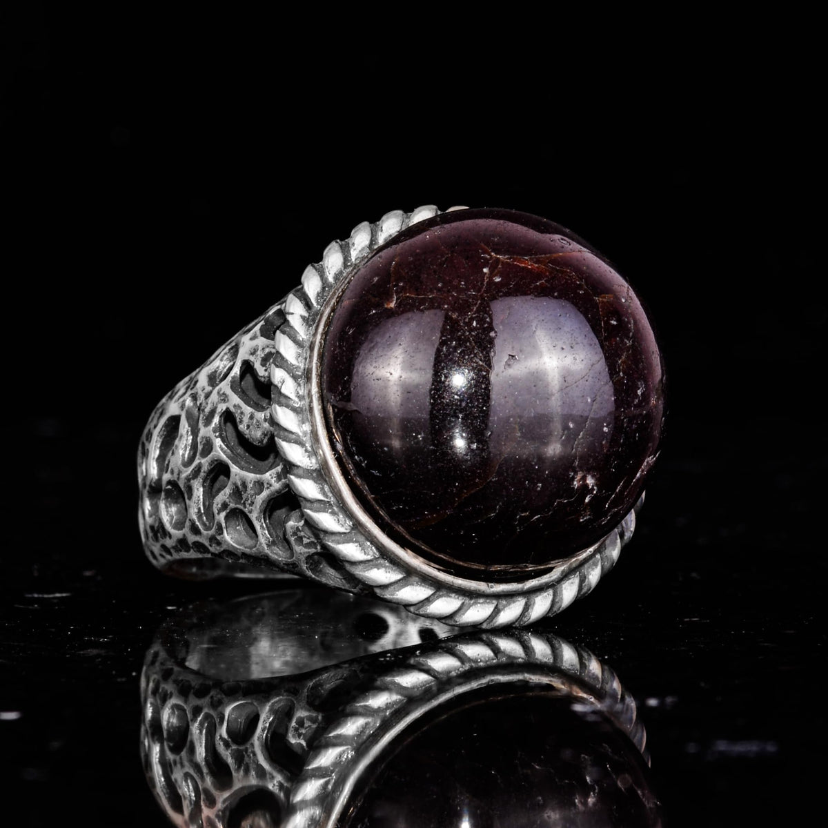 925 Sterling Silver Men's Ring Natural Star Garnet Stone - Rare Unprocessed Garnet Cabochon — 5