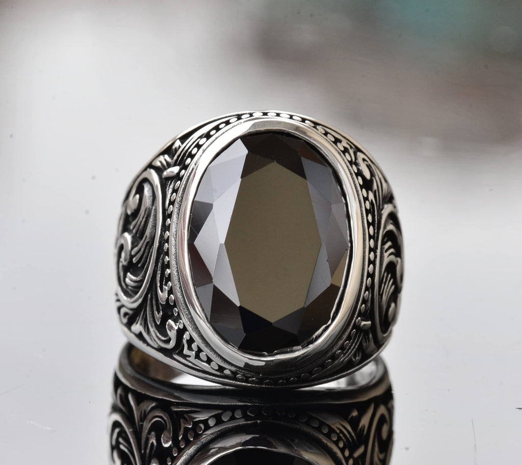Handmade 925 Sterling Silver Men's Ring with Natural Obsidian Stone, Intricate Band Design, Unique Silver Ring — 2
