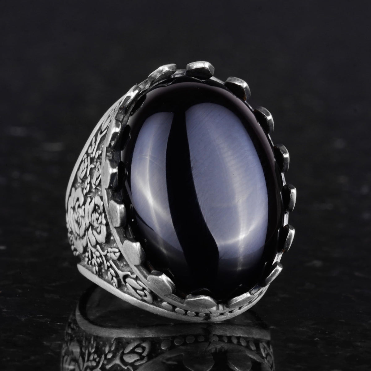 Kambo Natural Gemstone Ring - Rose Pattern Ring - 925 Sterling Silver Ring - Handmade Large Ring (Onyx) — 5