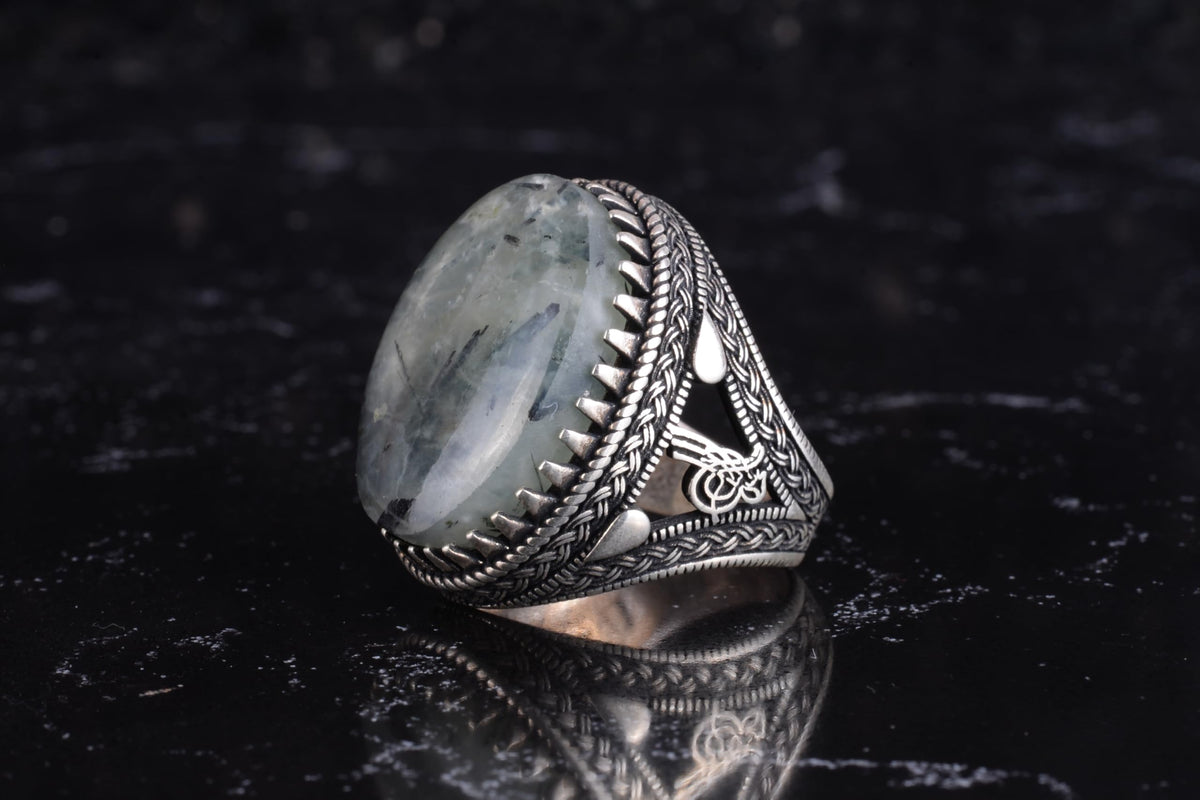 KAMBO Men's Natural Stone Ring – 925 Sterling Silver Large Statement Ring – Handmade Ottoman Pattern Jewelry (Prehnite) — 5