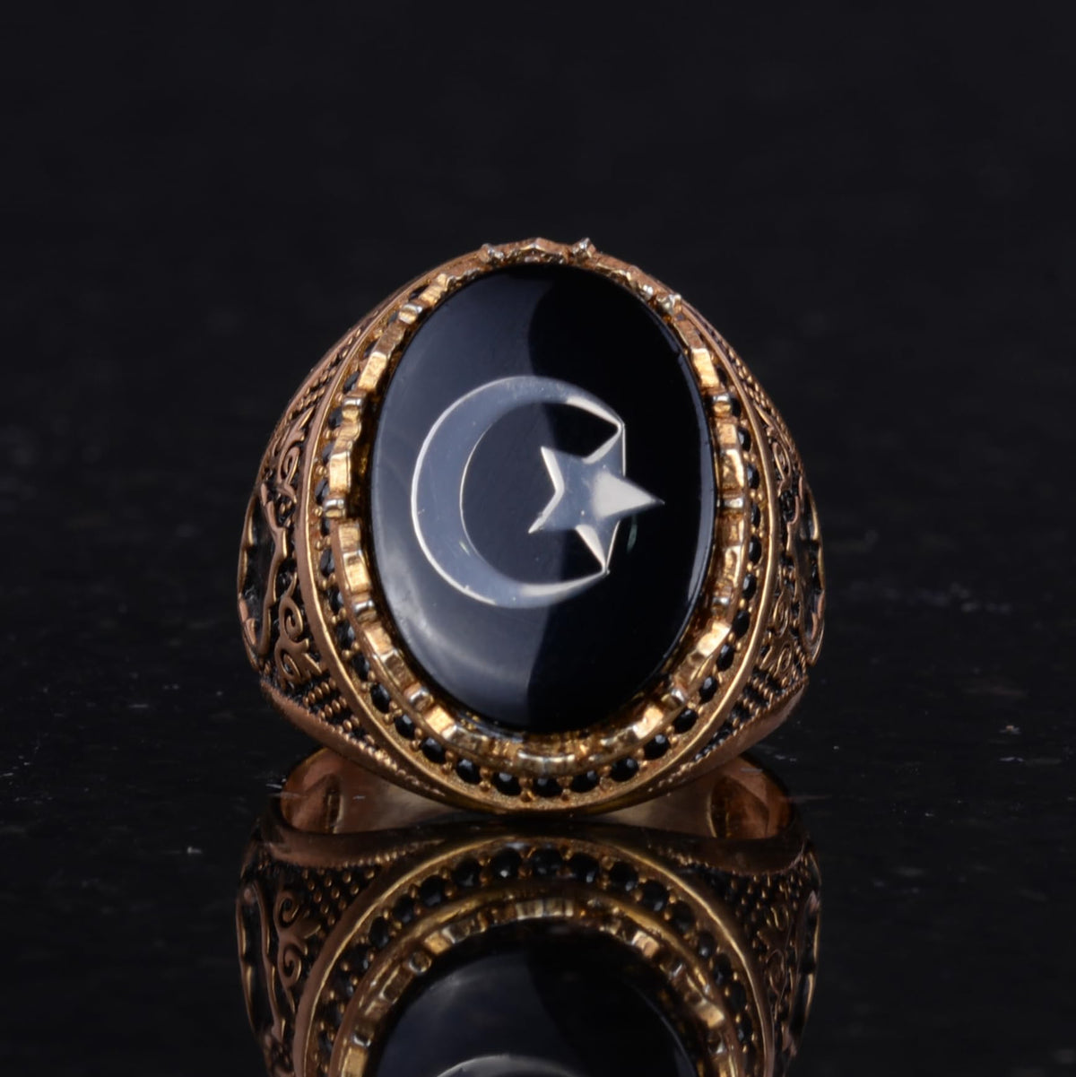 925 Sterling Silver Gold Plated Men's Ring – Crescent and Star Design (Black) — 3
