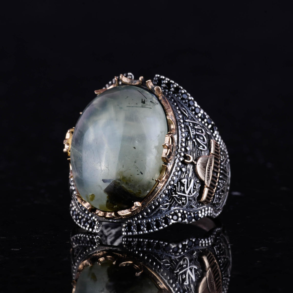 925 Sterling Silver Men's Ring, Mosque Prehnite Stone Ring — 4