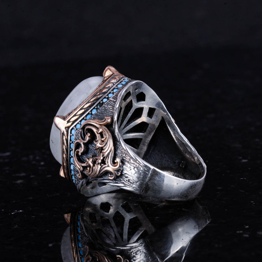925 Sterling Silver Ring with Natural Moonstone, Handmade Men's Ring, Vintage Design — 7