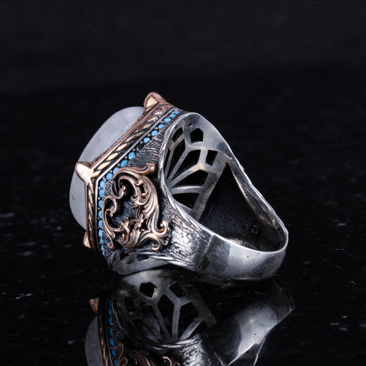 925 Sterling Silver Ring with Natural Moonstone, Handmade Men's Ring, Vintage Design — 7