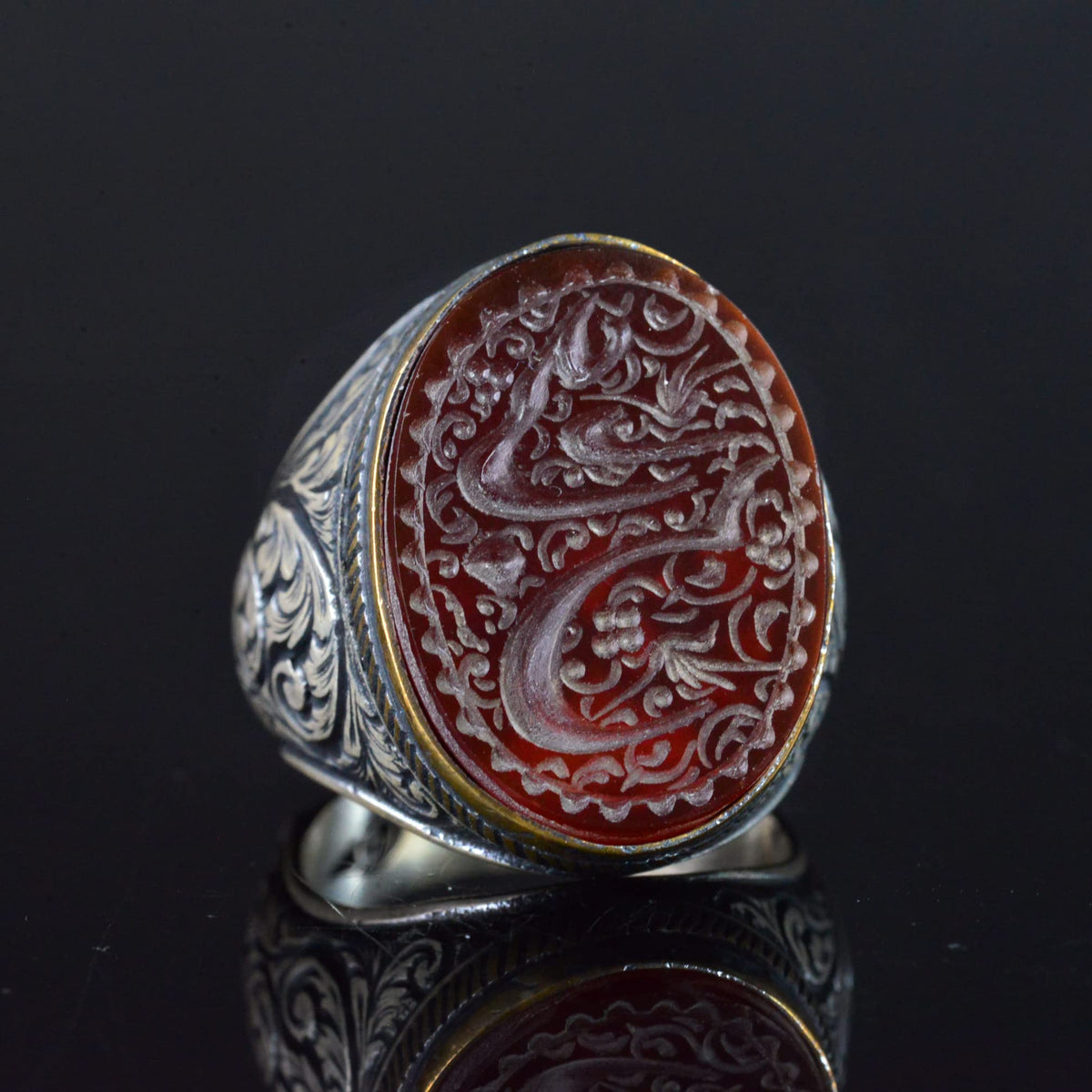 KAMBO Islamic Red Agate Ring, Handmade 925 Sterling Silver Men's Ring, Intricate Patterned Artisan Jewelry — 3