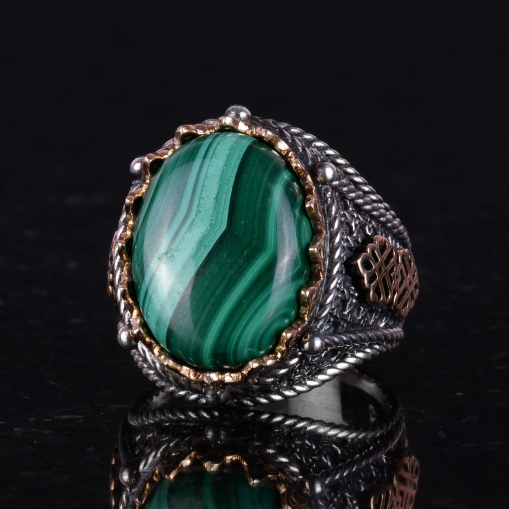 925 Sterling Silver Men's Ring, Natural Malachite Stone Ring — 5