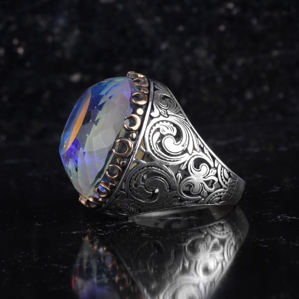 KAMBO Natural Mystic Topaz Round Large Men's Ring – Certified Mystic Topaz Stone – 925 Sterling Silver Handmade Statement Ring – Vintage Ottoman Style Men's Jewelry — 7