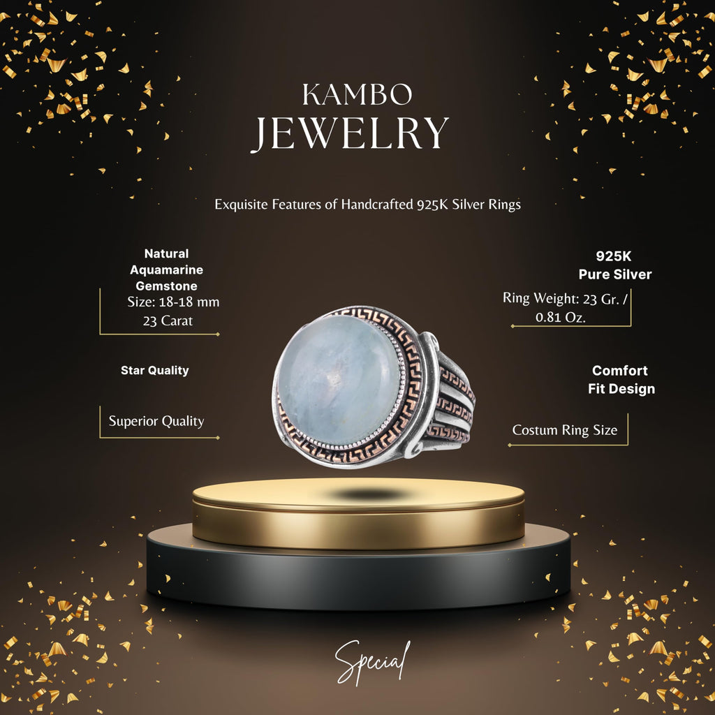 KAMBO Stone Round Men's Ring 925 Sterling Silver – Cabochon Handmade Vintage Greek Pattern Statement Ring (Aquamarine) — 2