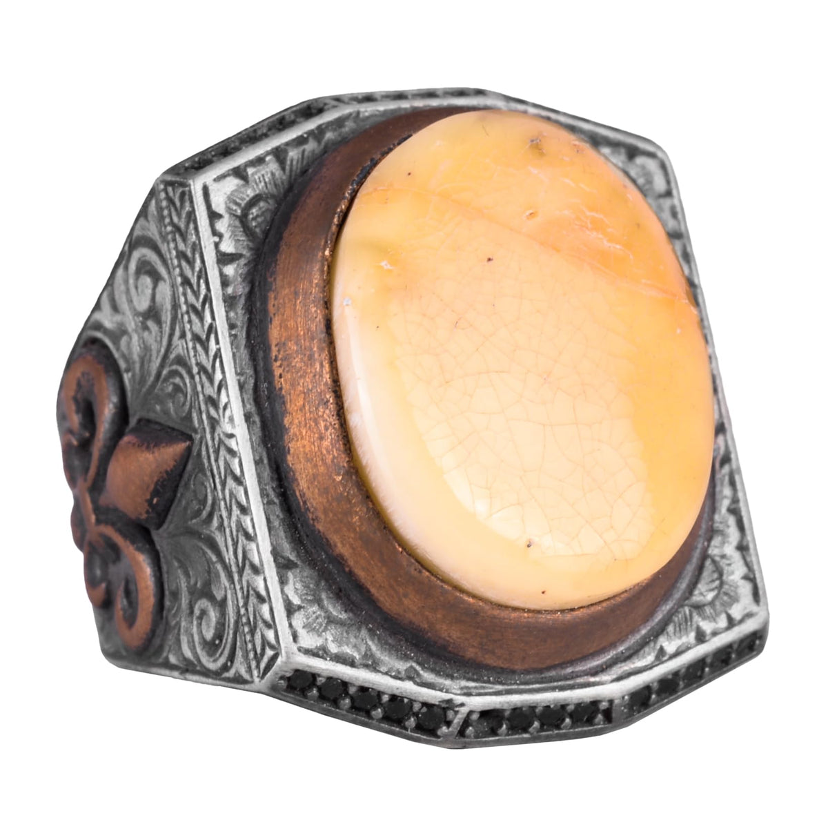 925 Sterling Silver Men's Large Ring - Real Natural Amber Stone - Zulfiqar Sword Symbol