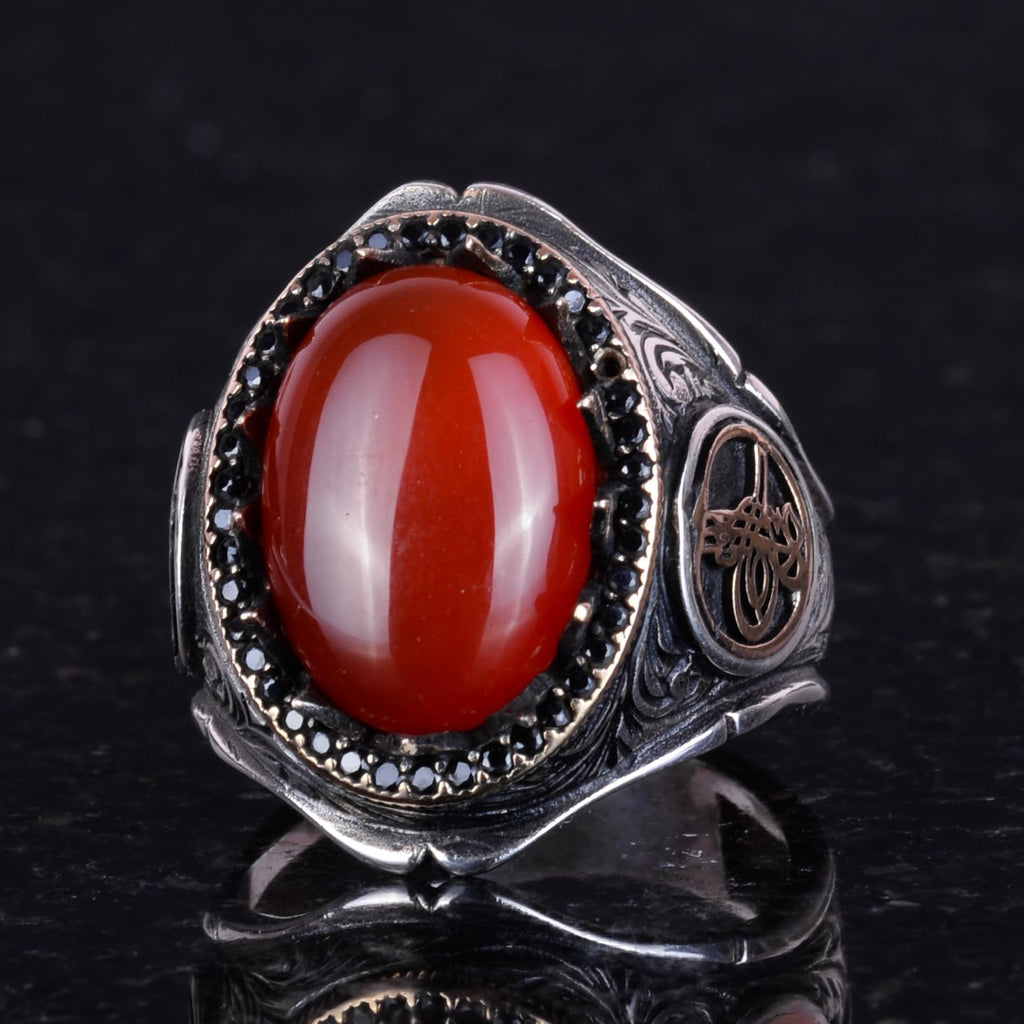 925 Sterling Silver Men's Ring - Red Agate Stone — 4