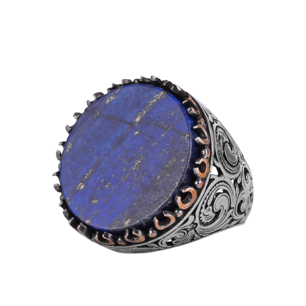 KAMBO Natural Stone Round Large Men's Ring – 925 Sterling Silver Handmade Ring – Statement Ring – Vintage Ottoman Style Men's Jewelry (Lapis Lazuli)