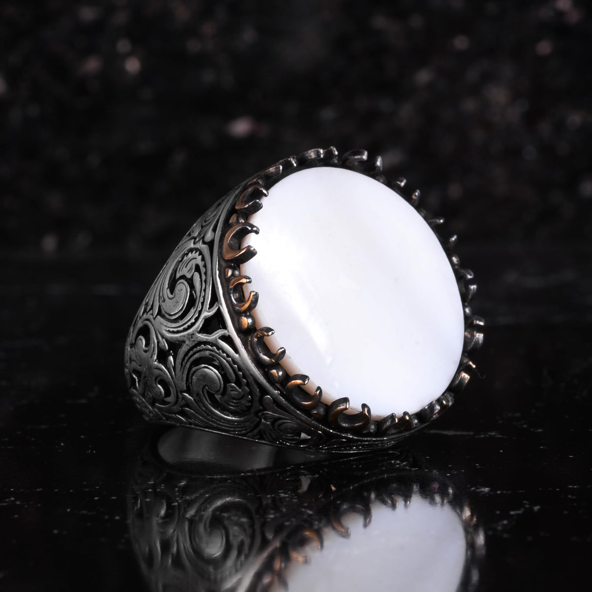 KAMBO Natural Stone Round Large Men's Ring – 925 Sterling Silver Handmade Ring – Statement Ring – Vintage Ottoman Style Men's Jewelry (Pearl) — 6