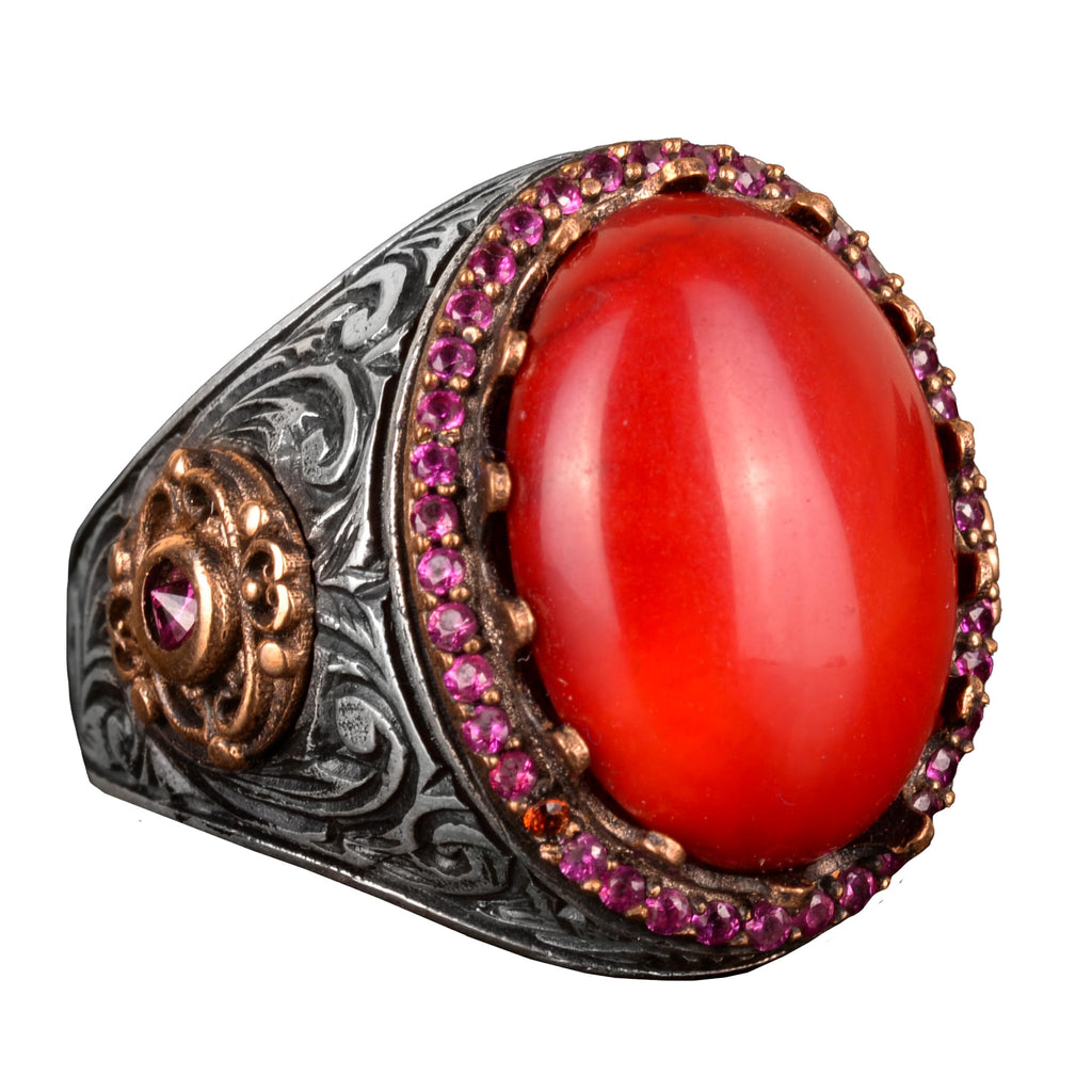 Natural Coral Stone Ring - 925 Sterling Silver