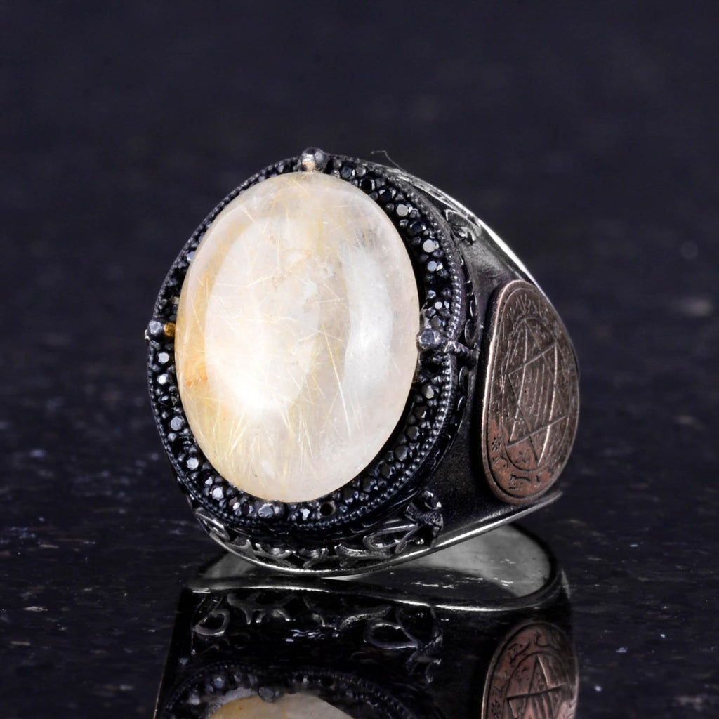 David Star Ring - Natural Cabochon Golden Rutilated Quartz Stone Ring — 6
