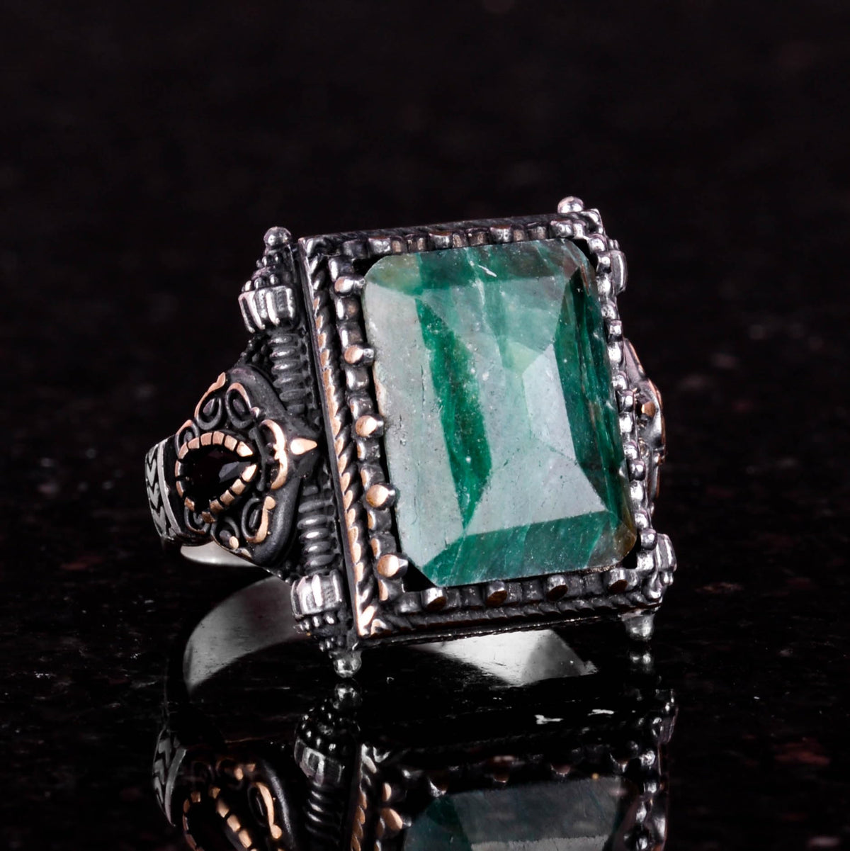 KAMBO Genuine Real Natural Stone Ring - 925K Emerald Solid Silver Men's Ring - Modern Design — 4