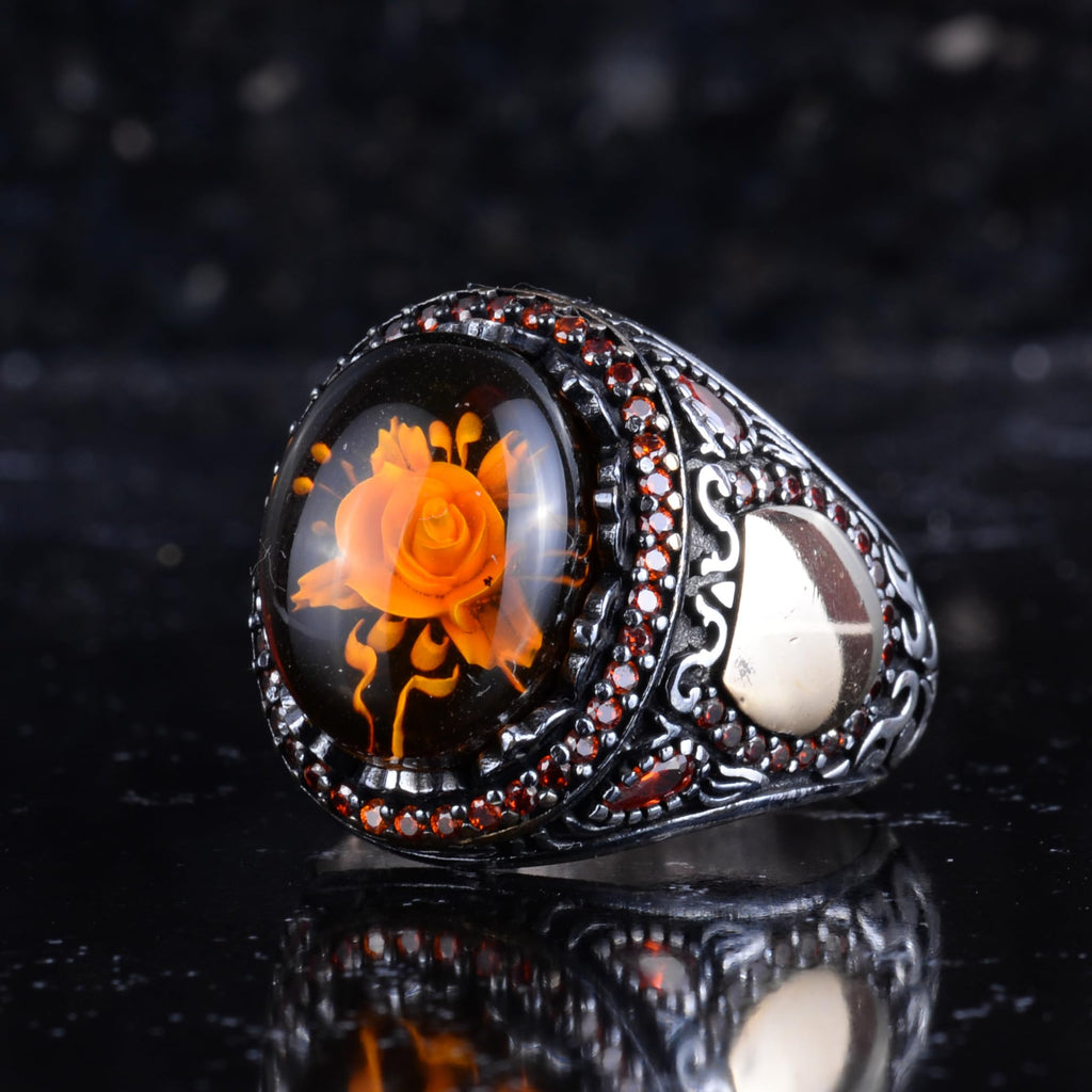 KAMBO Natural Amber Rose Pattern Men's Ring - 925 Sterling Silver Oval Seal Ring, Handmade Vintage Jewelry — 5